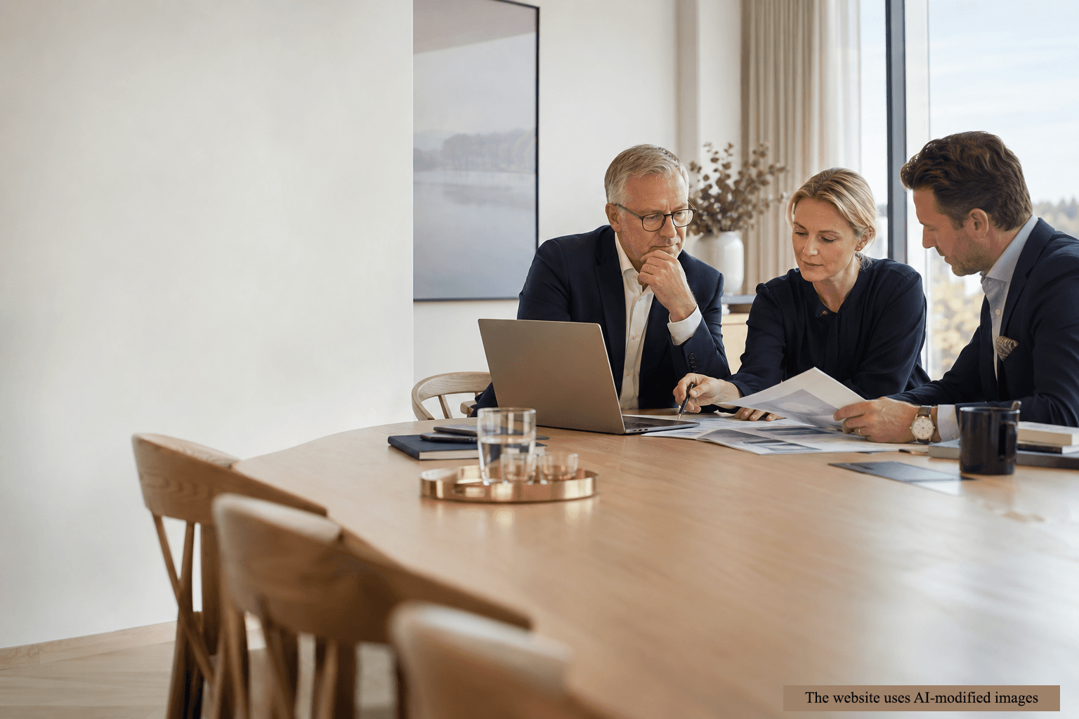 Three professionals review information together on a laptop and printed reports in a bright meeting room.